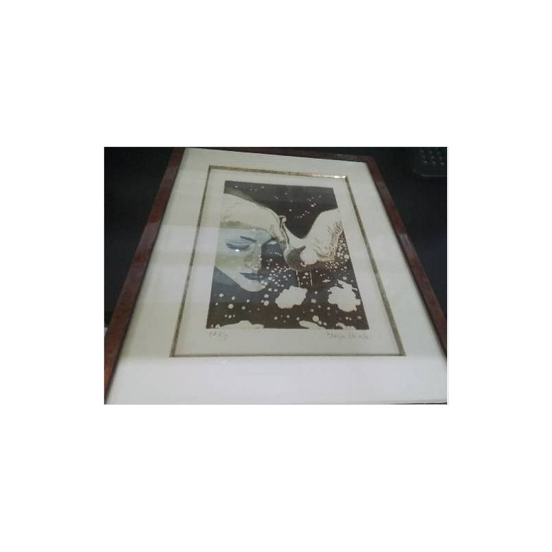 LITHOGRAPHIE FEMME AU CYGNE