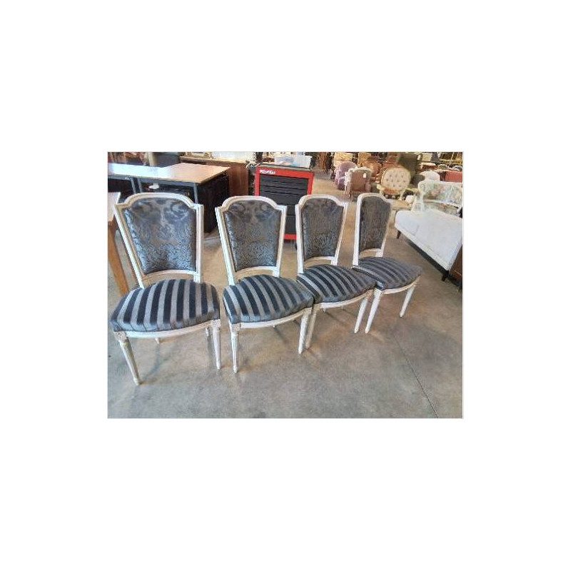 4 CHAISES STYLE LOUIS XVI BOIS PEINT GRIS VELOURS DAMASE GRIS 