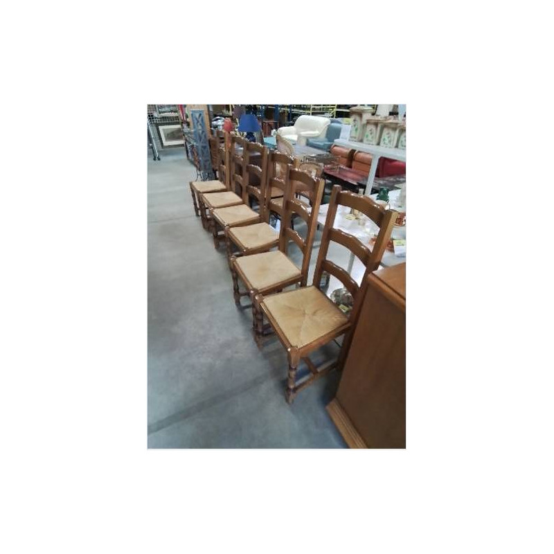 6 CHAISES BOIS CLAIR PAILLÉ A ENTRETOISE DOSSIER 3 BARREAUX STYLE RÉGENCE 