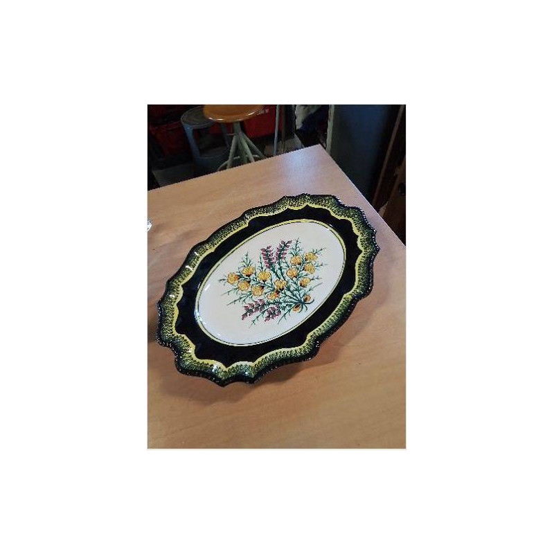 PLAT OVALE CÉRAMIQUE ECRU NOIR JAUNE AUX FLEURS HENRIOT QUIMPER 