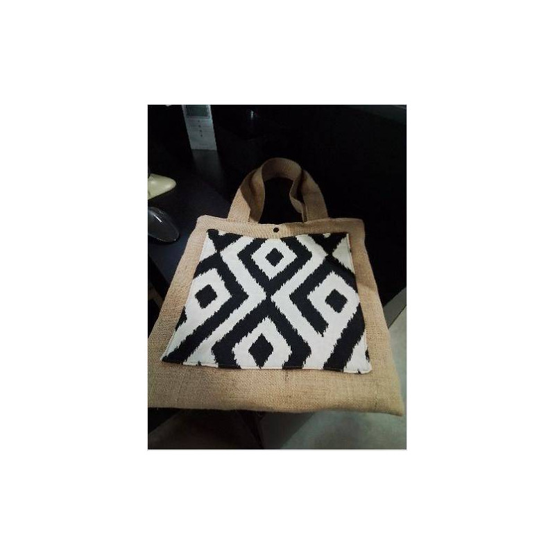 SAC TOILE DE JUTE NOIR ECRU ORANGE