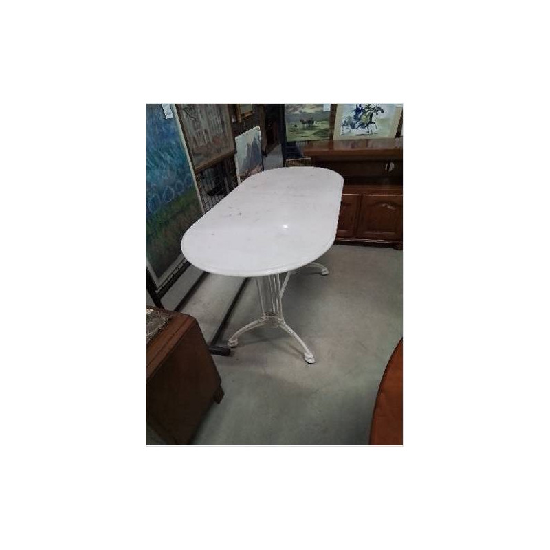 TABLE BISTROT OVALE PIÈTEMENT FER FORGÉ BLANC PLATEAU MARBRE BLANC 
