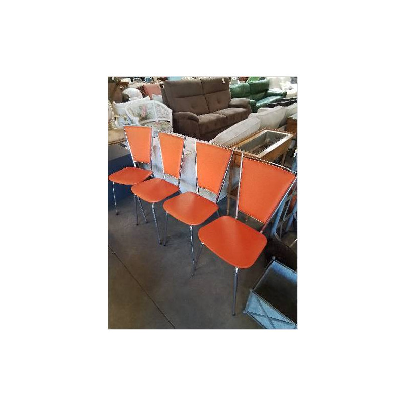 4 CHAISES PIÈTEMENT MÉTAL CHROMÉ ASSISE ET DOSSIER SKAÏ ORANGÉ SOUDEXVINYL ANNÉES 70