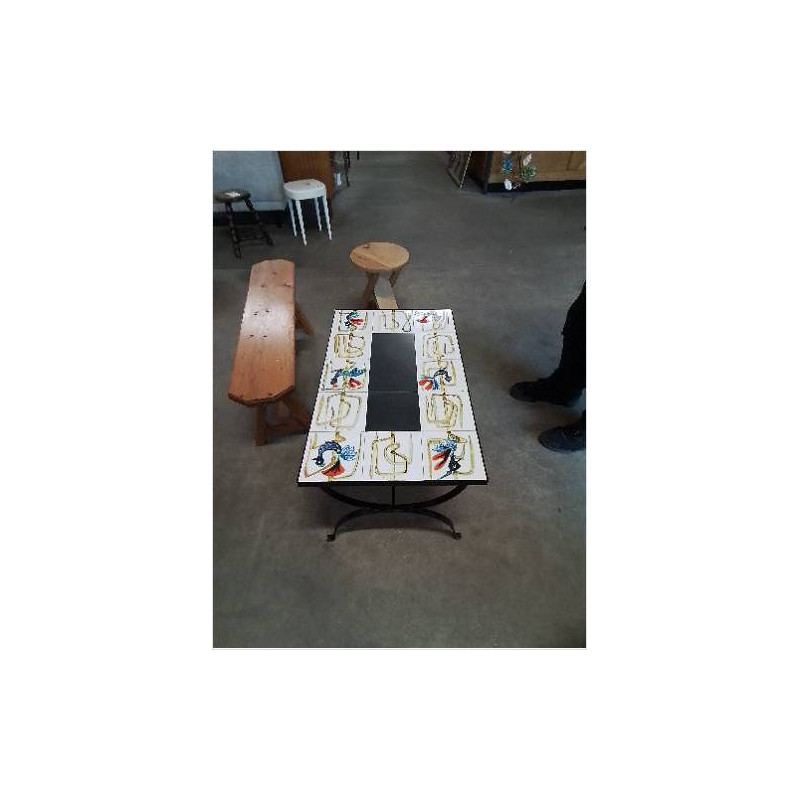 TABLE BASSE MÉTAL CARRELE AUX COQS ANNÉES 60