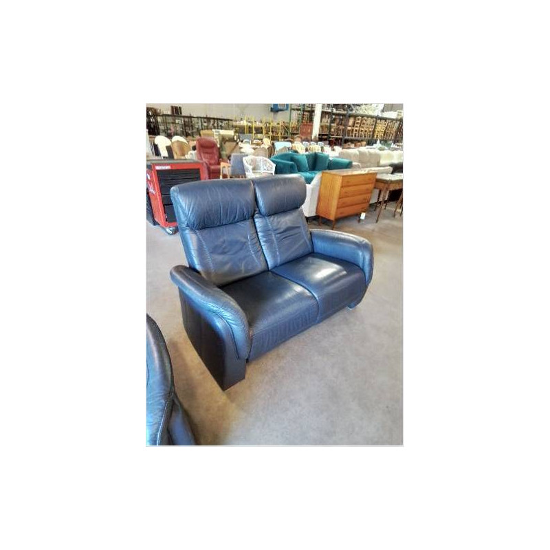 ENSEMBLE SALON 1 FAUTEUIL ET 1 CANAPÉ 2 PLACES RELAX MANUEL CUIR BLEU