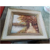 HUILE SUR PANNEAU CHEMIN FORESTIER AU BORD DE L EAU 
