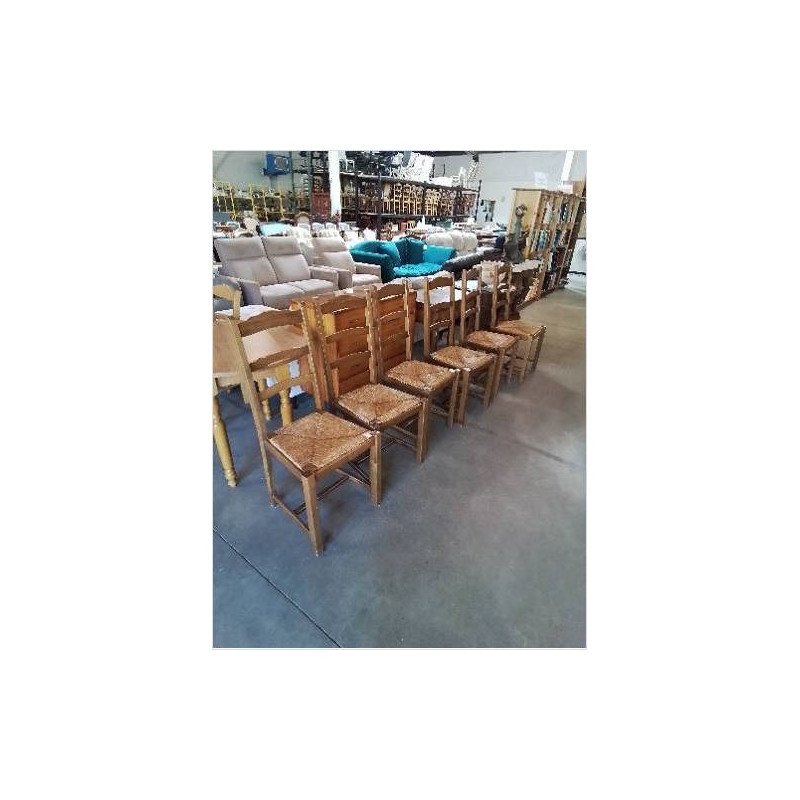 6 CHAISES BOIS PAILLÉ A ENTRETOISE DOSSIER 3 BARREAUX 