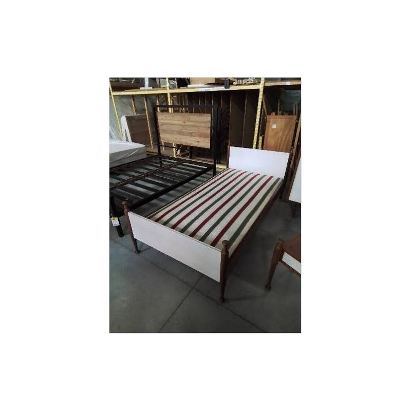 LIT BOIS CLAIR ET BLANC + SOMMIER 90X190 ANNEES 70