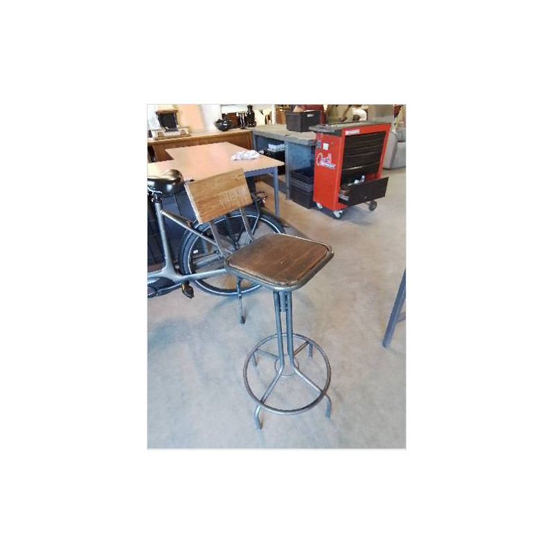 TABOURET D’ATELIER A VIS PIÈTEMENT MÉTAL NOIR ASSISE ET DOSSIER BOIS 