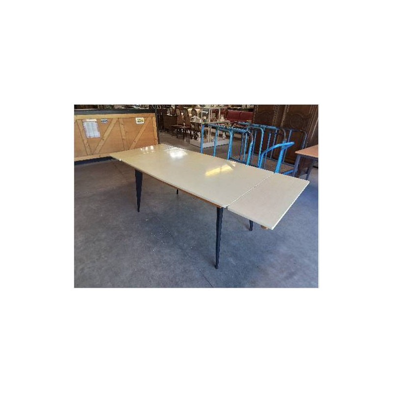 TABLE RECTANGULAIRE FORMICA JAUNE PIEDS COMPAS BOIS NOIR ANNÉES 60 EXTENSIBLE 2X30 CM