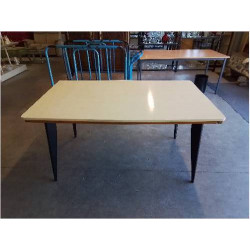 TABLE RECTANGULAIRE FORMICA JAUNE PIEDS COMPAS BOIS NOIR ANNÉES 60 EXTENSIBLE 2X30 CM