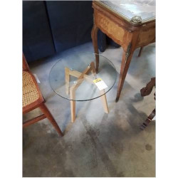 TABLE BASSE RONDE PIÈTEMENT BOIS CLAIR PLATEAU VERRE