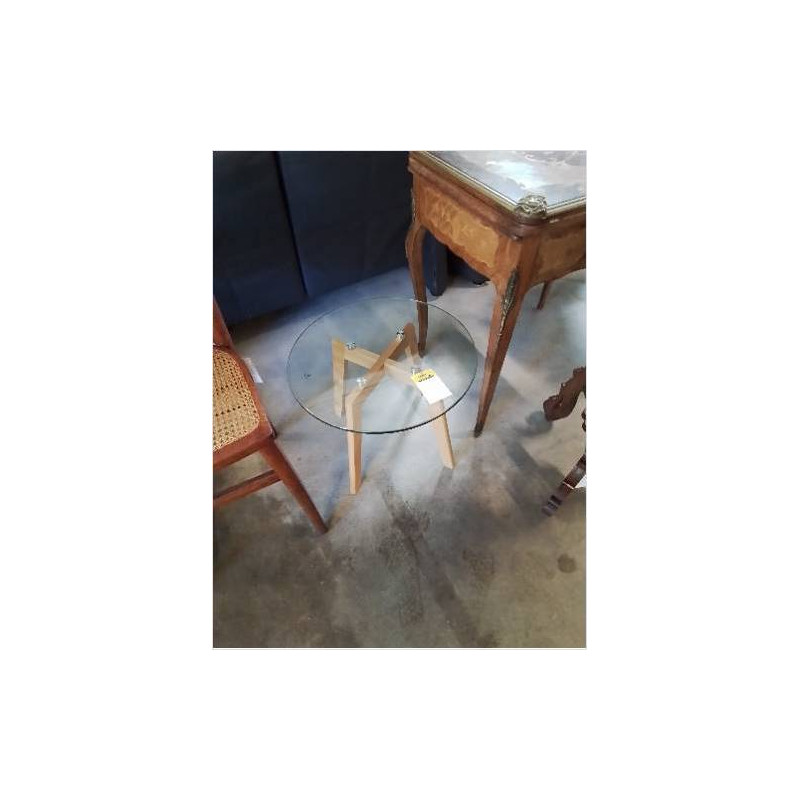TABLE BASSE RONDE PIÈTEMENT BOIS CLAIR PLATEAU VERRE