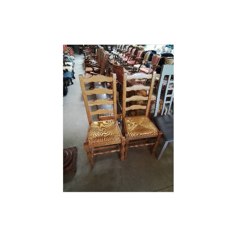 PAIRE DE CHAISES A ENTRETOISE BOIS CLAIR PAILLÉ PIEDS BALUSTRE DOSSIER 4 BARREAUX CHANTOURNÉ 