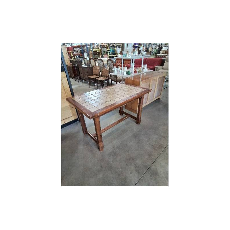 TABLE RECTANGULAIRE A ENTRETOISE BOIS CARRELÉ 124X74X75CM
