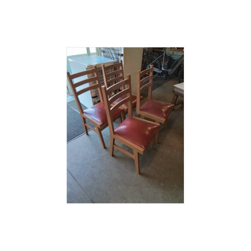 4 CHAISES BOIS PEINT CHOCOLAT ASSISE SKAÏ ROUGE ANNÉES 50