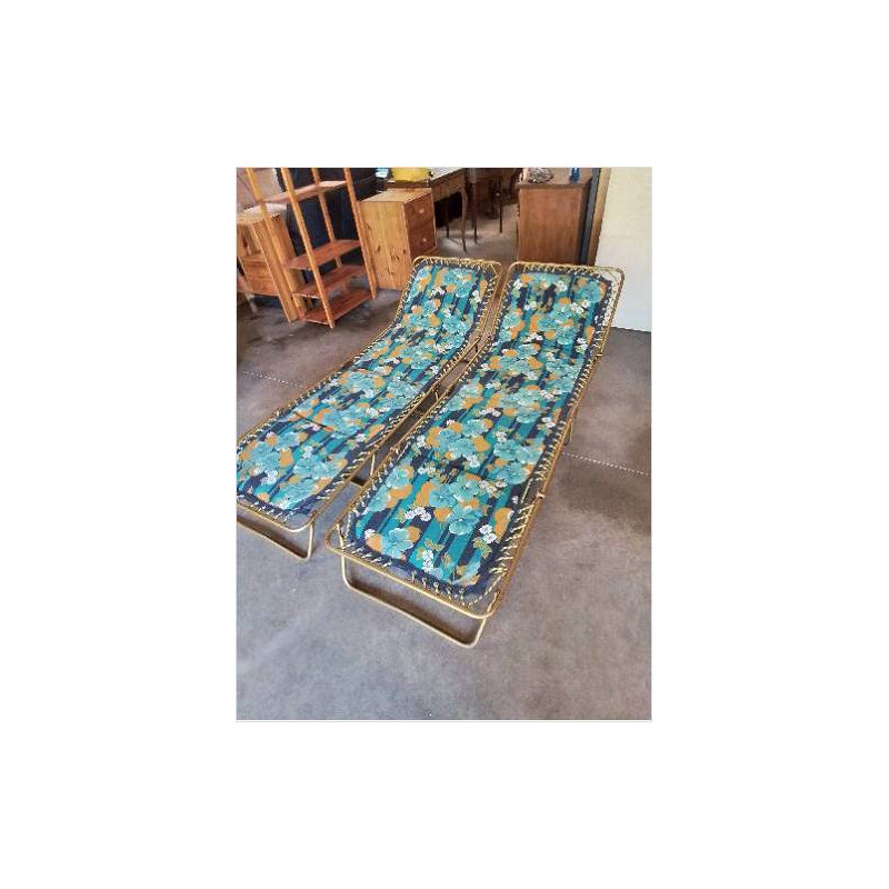 LIT DE CAMP PLIANT MÉTAL DORÉ TISSU BLEU FLEURI ANNÉES 70