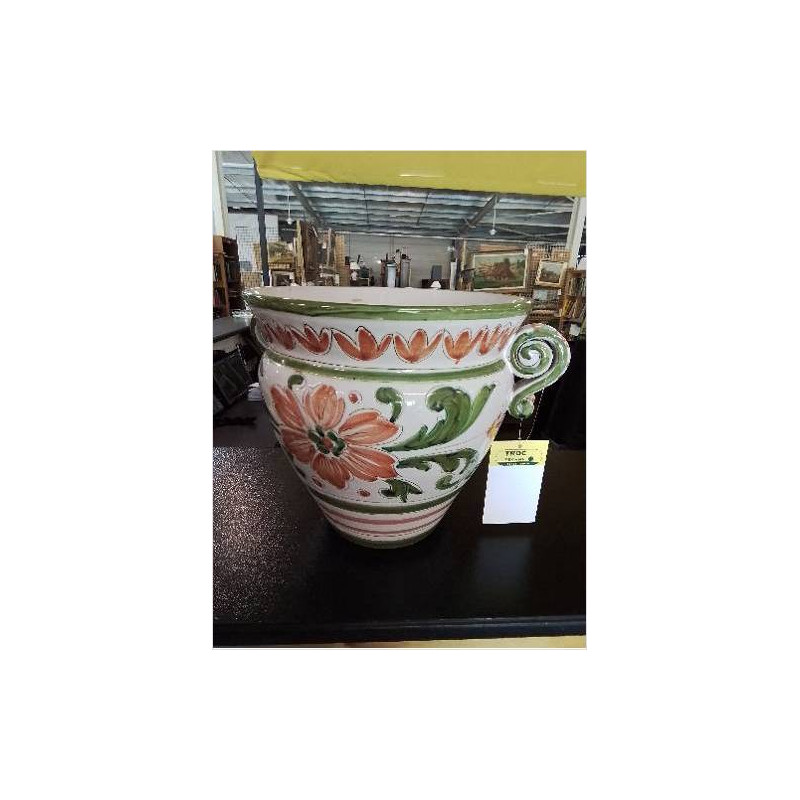 CACHE POT CÉRAMIQUE ECRU VERT AUX FLEURS 2 ANSES