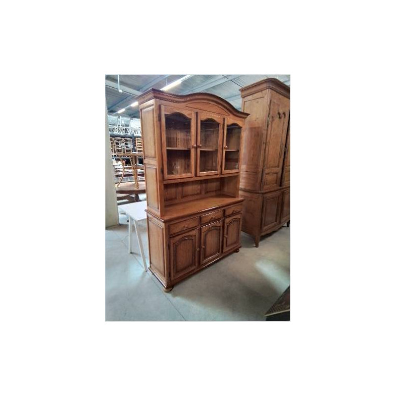 BUFFET 2 CORPS PIN MOULURÉ 3 PORTES VITRÉES 3 TIROIRS 3 PORTES