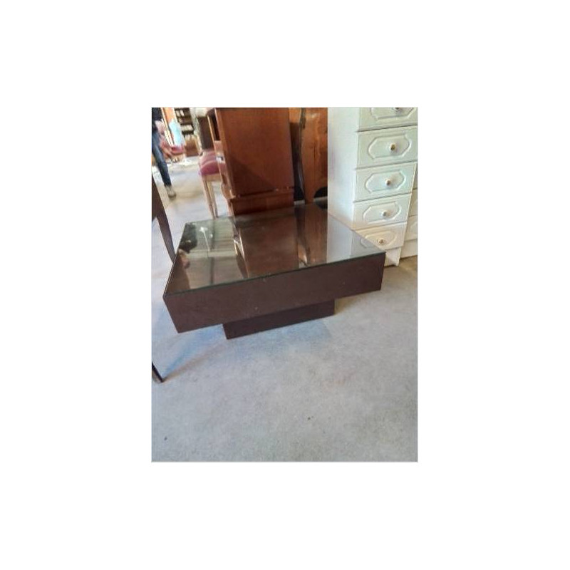 TABLE BASSE CARRÉ BOIS CHOCOLAT DESSUS PLATEAU VERRE