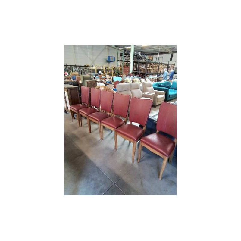6 CHAISES BOIS CLAIR ASSISE ET DOSSIER SKAÏ GRENAT ANNÉES 50