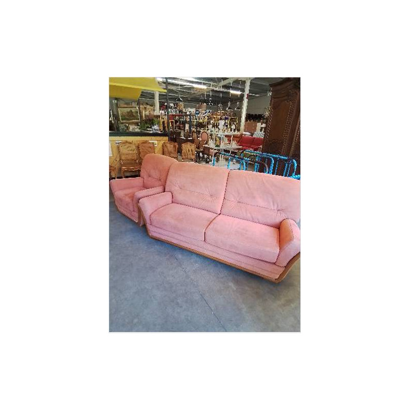 CANAPÉ ET  FAUTEUIL BOIS CLAIR     TISSU ORANGÉ
