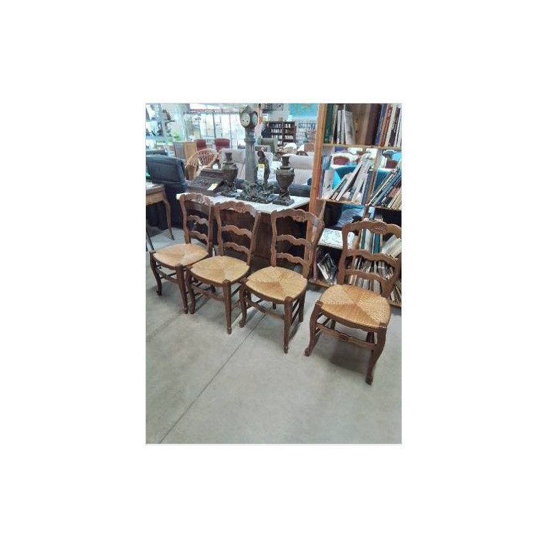 4 CHAISES BOIS PAILLÉ DOSSIER ÉCHANCRÉ STYLE RÉGENCE COQUILLE 