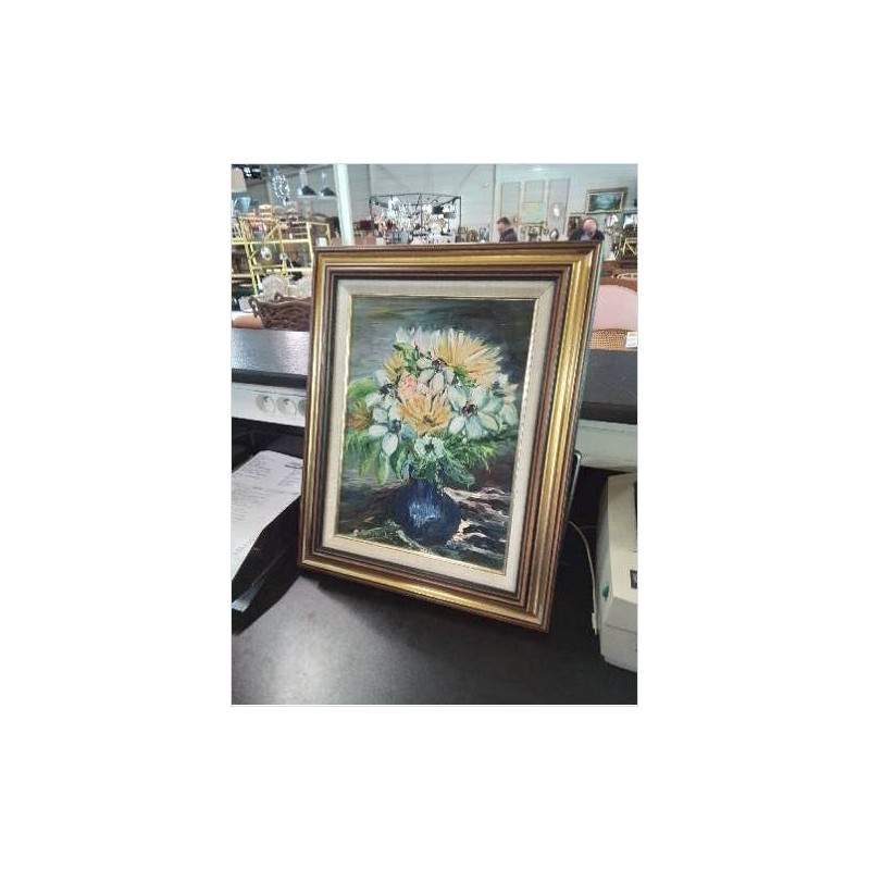 HUILE SUR TOILE BOUQUET AU VASE BLEU O.DANILO CADRE MOULURÉ DORÉ 
