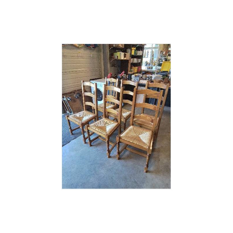 6 CHAISES A ENTRETOISE BOIS CLAIR PAILLÉ DOSSIER 3 BARREAUX PIEDS BALUSTRE
