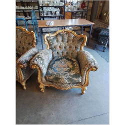 SALON 3 PIECES STYLE LOUIS XV BOIS DORÉ VELOURS DAMASSE