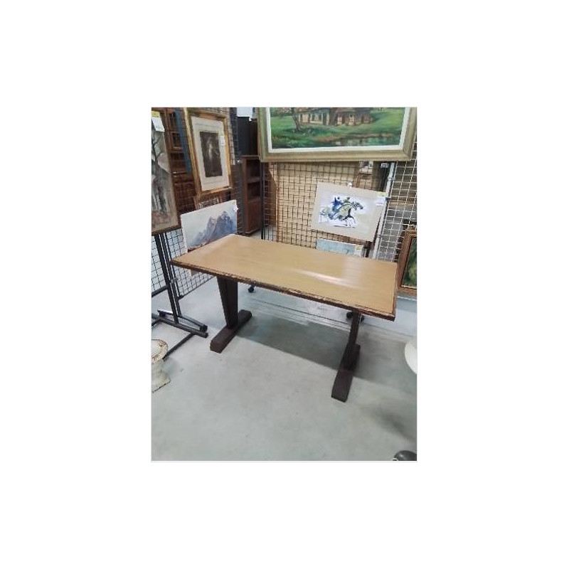 TABLE BISTROT RECTANGULAIRE PIÈTEMENT BOIS CHOCOLAT PLATEAU BOIS CLAIR ANNEES 40