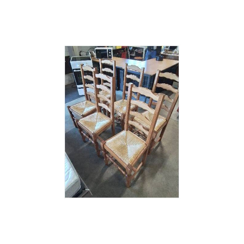 6 CHAISES A ENTRETOISE BOIS CLAIR PAILLÉ DOSSIER 4 BARREAUX PIEDS BALUSTRE 
