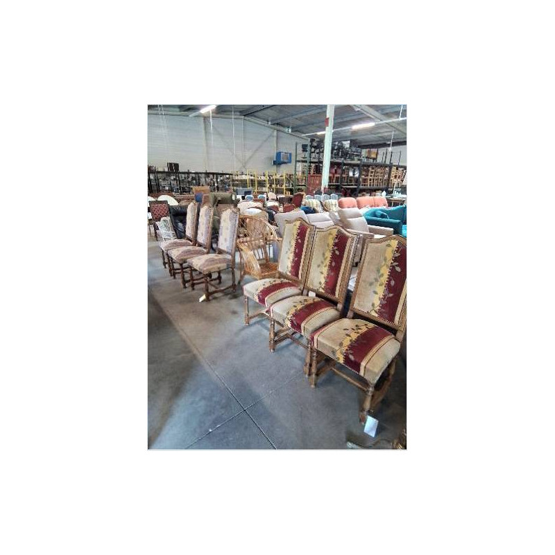 6 CHAISES BOIS CLAIR CINTRÉ A ENTRETOISE  TISSU JAUNE ROUGE AUX BLASONS ET TISSU FLEURI