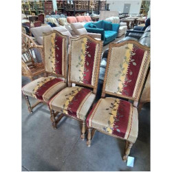 6 CHAISES BOIS CLAIR CINTRÉ A ENTRETOISE  TISSU JAUNE ROUGE AUX BLASONS ET TISSU FLEURI