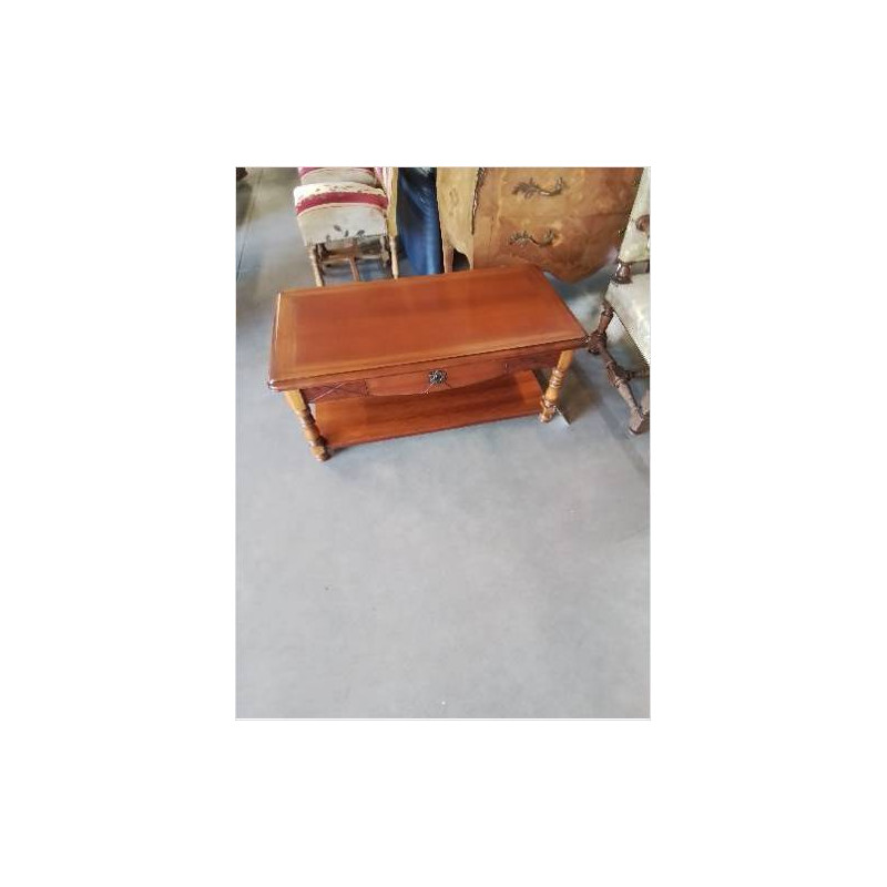 TABLE BASSE RECTANGULAIRE BOIS CLAIR A COLONNES 2 NIVEAUX 1 TIROIR 2 TABLETTES 