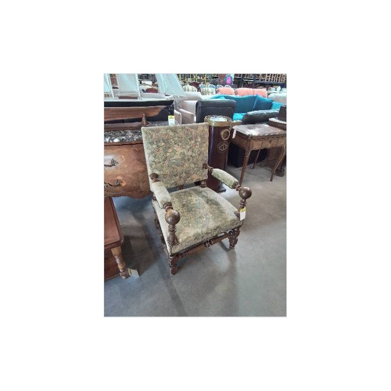 FAUTEUIL STYLE LOUIS XIII TISSU VERT FLEURI 