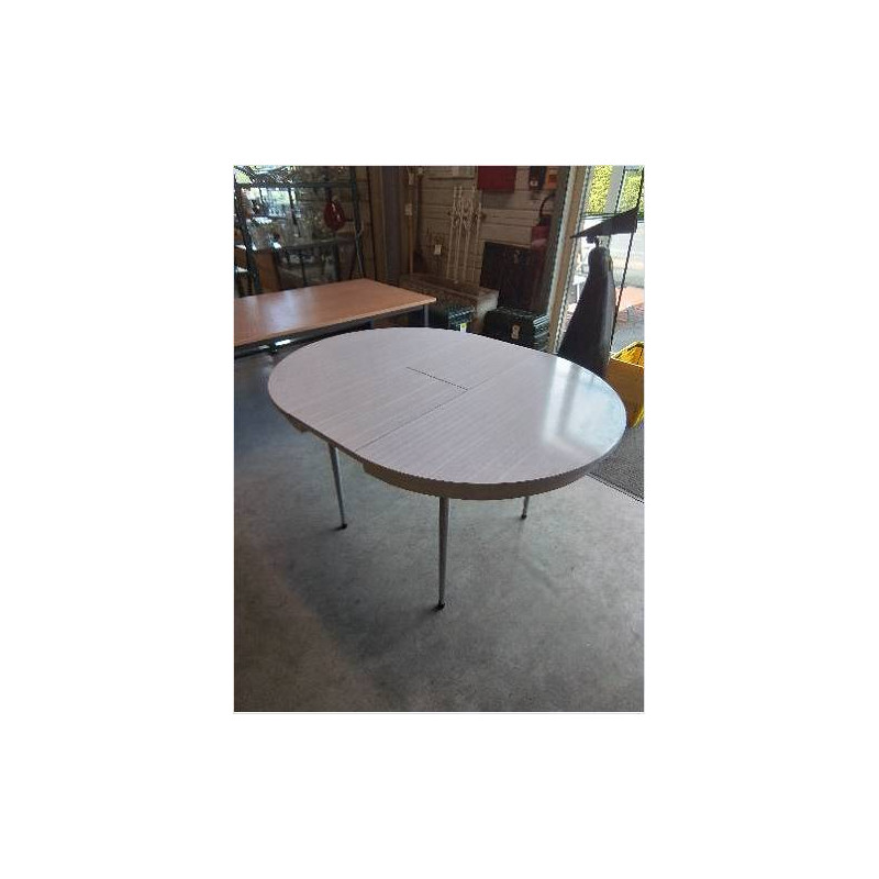 TABLE RONDE FORMICA BLANC A RALLONGES PAPILLON PIEDS MÉTAL CHROMÉ ANNÉES 70 100X74,5CM