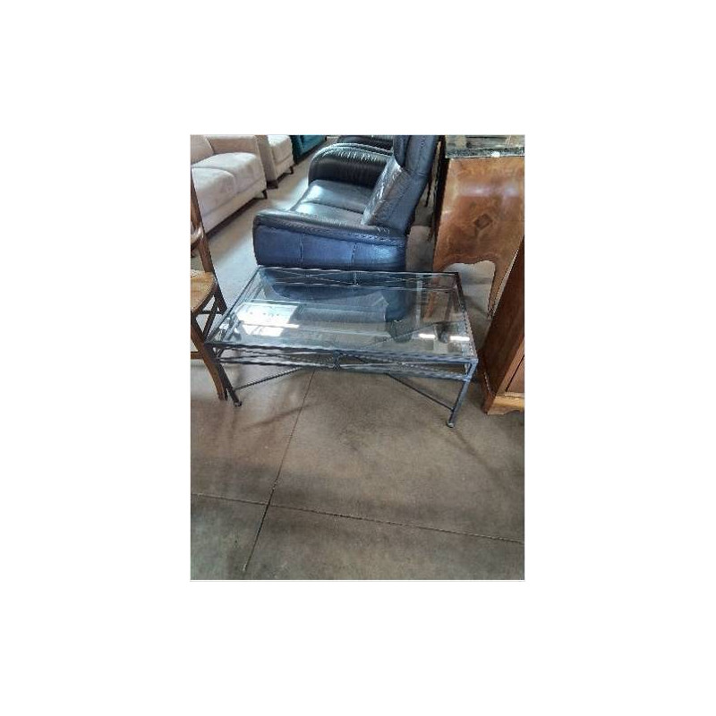 TABLE BASSE RECTANGULAIRE PIÈTEMENT MÉTAL GRIS PLATEAU VERRE
