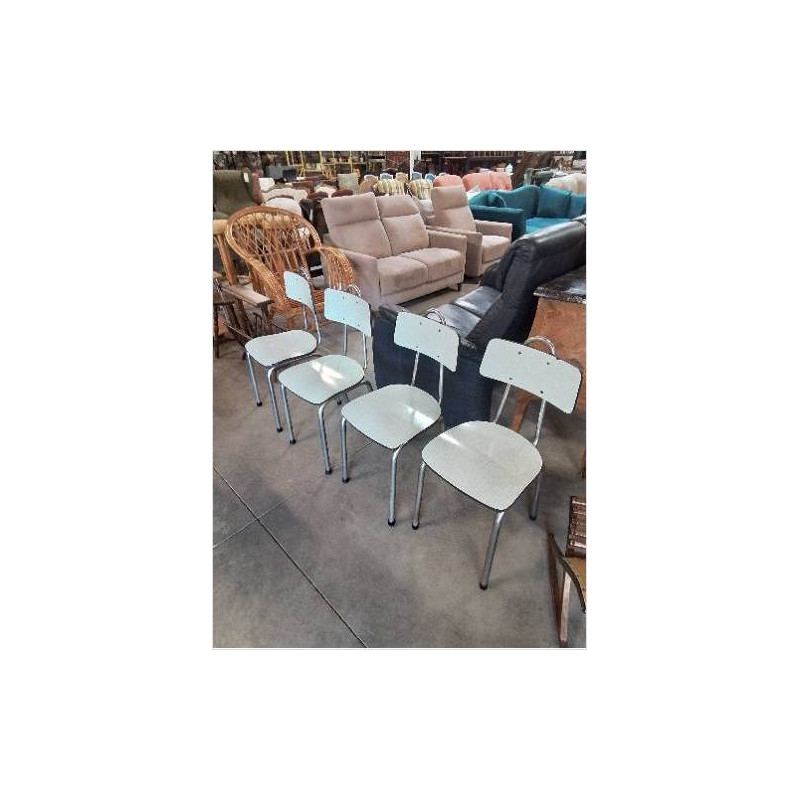 4 CHAISES PIÈTEMENT MÉTAL CHROMÉ ASSISE ET DOSSIER FORMICA VERT ANNÉES 60 EN L\'ÉTAT 