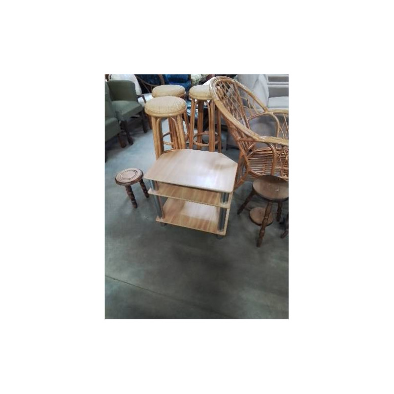 MEUBLE TV A COLONNES MÉTAL CHROMÉ 3 TABLETTES BOIS CLAIR
