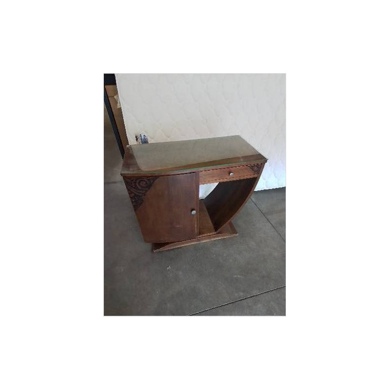 CONSOLE BOIS GRAVÉ 1 TIROIR 1 PORTE DESSUS PLATEAU VERRE ART DÉCO 