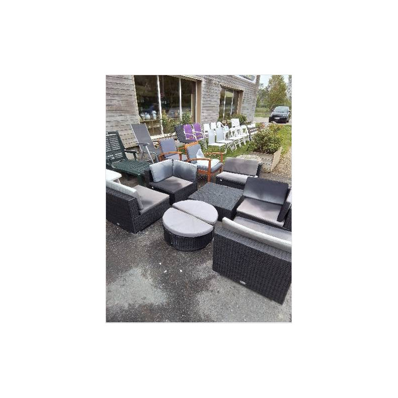 SALON DE JARDIN RÉSINE TRESSÉE NOIR AVEC COUSSINS VIDAL XL 8 PIÈCES 