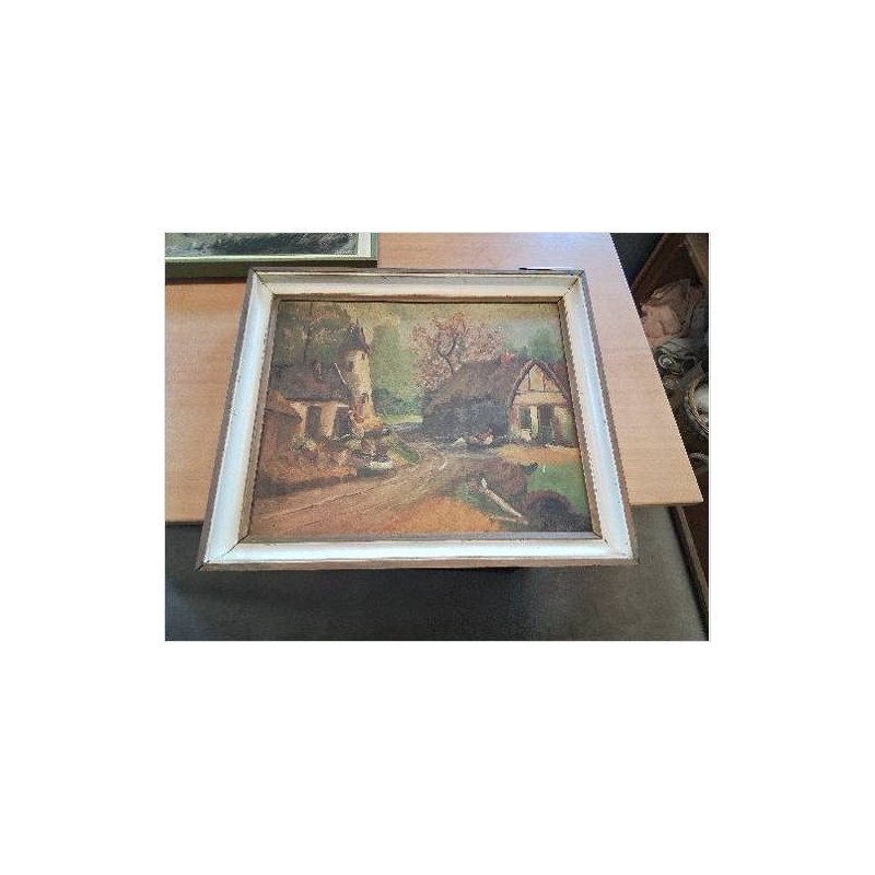 HUILE SUR PANNEAU COUR DE FERME 
