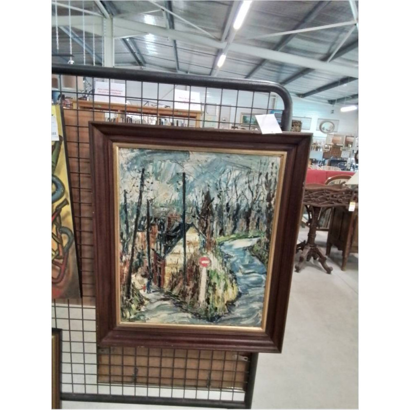 HUILE SUR PANNEAU RUE VILLAGEOISE