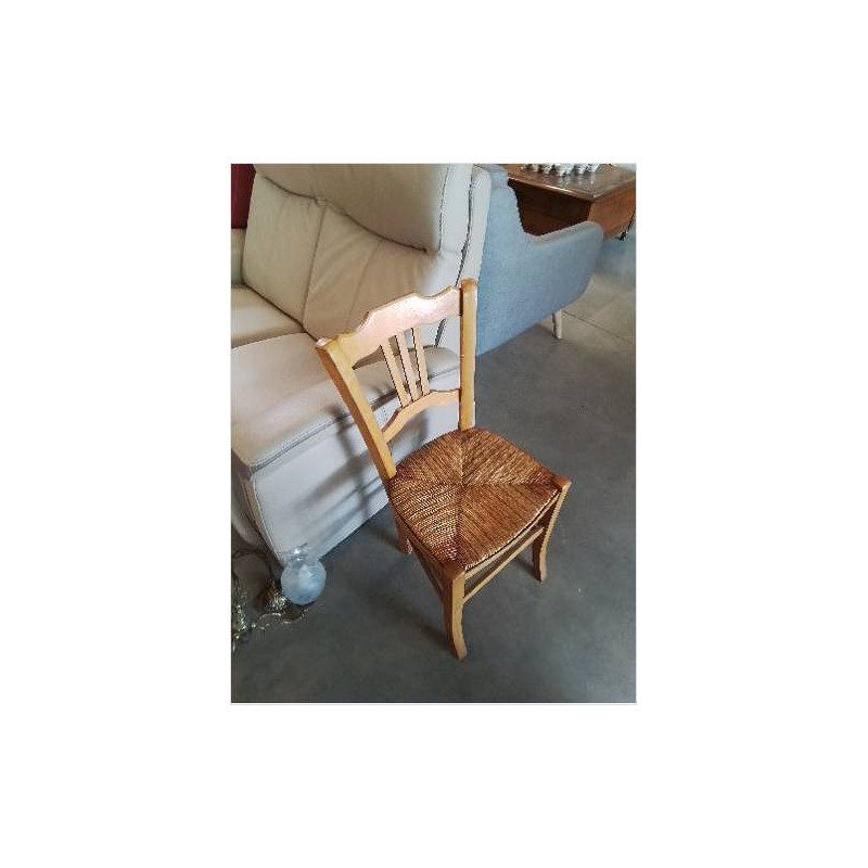 CHAISE BOIS CLAIR PAILLÉ BICOLORE DOSSIER 3 BARREAUX VERTICAUX 
