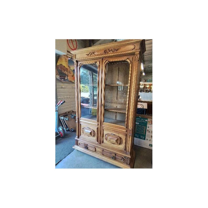BIBLIOTHÈQUE VITRÉE 2 PORTES 1 TIROIRS BOIS SCULPTÉ FIN XIXE 