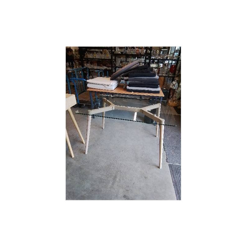 TABLE RECTANGULAIRE PIÈTEMENT COMPAS BOIS CLAIR PLATEAU VERRE 120X80X76CM