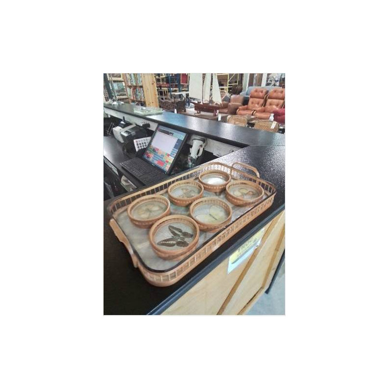 PLATEAU DE SERVICE ET 6 VERRES BOIS AUX PAPILLONS