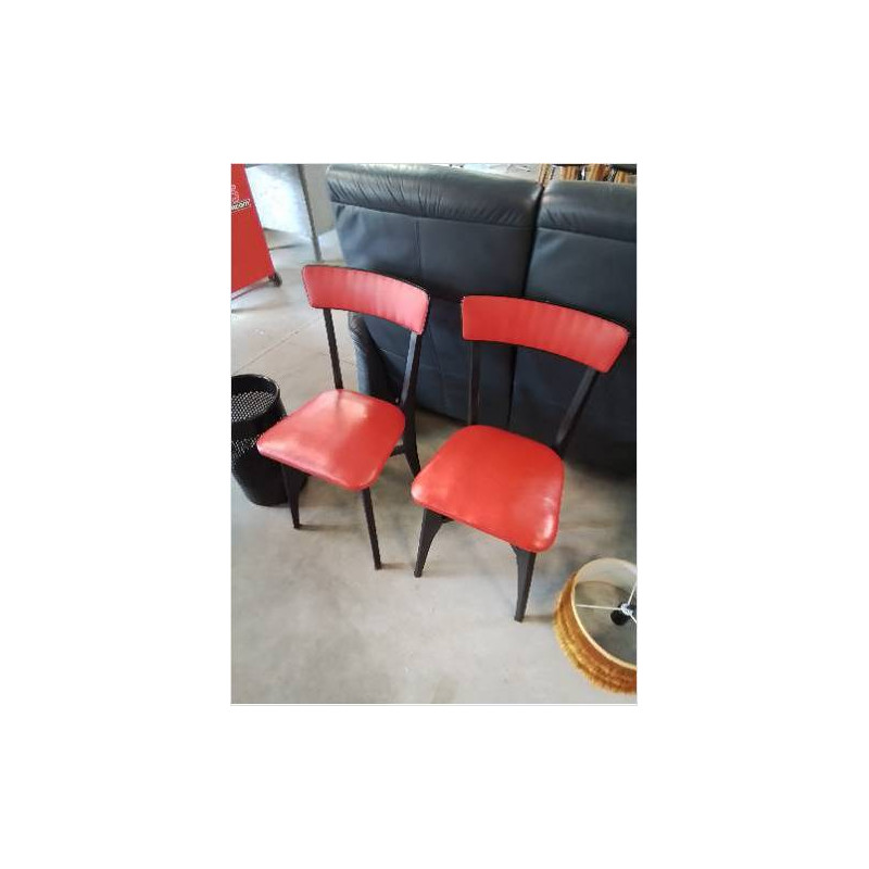 PAIRE DE CHAISES BOIS PEINT NOIR ASSISE ET DOSSIER SKAÏ ROUGE ANNÉES 50