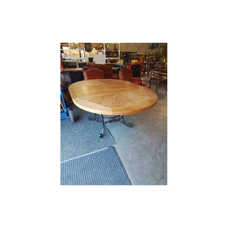 TABLE RONDE EXTENSIBLE PIÈTEMENT FER FORGÉ PLATEAU CHÊNE CLAIR 120X76,5CM 1 RALLONGE 50CM